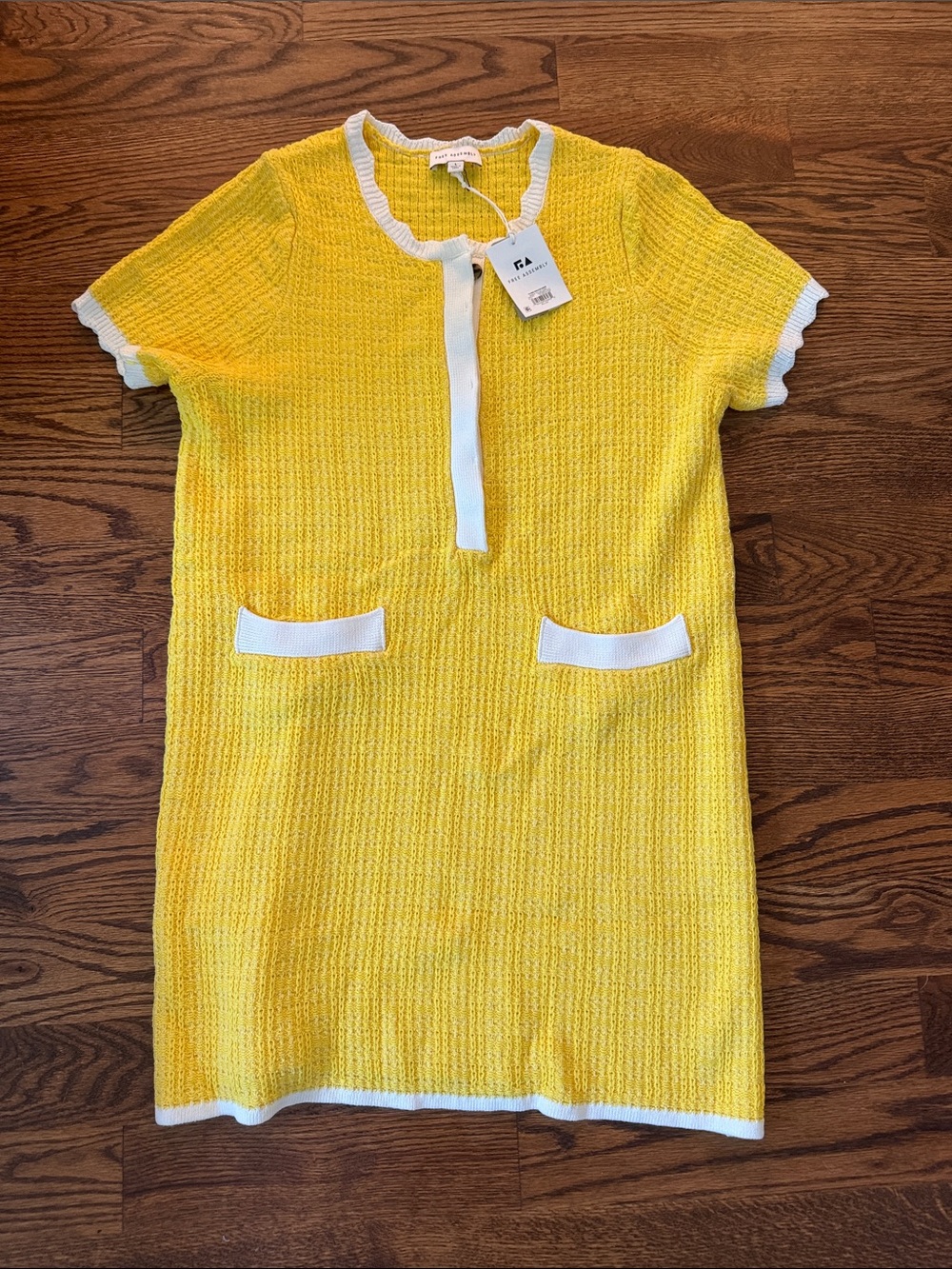 Yellow Knit Shift Dress with White Trim
